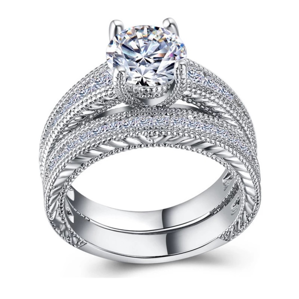 18K White Gold Diamond Bridal Engagement Ring Set